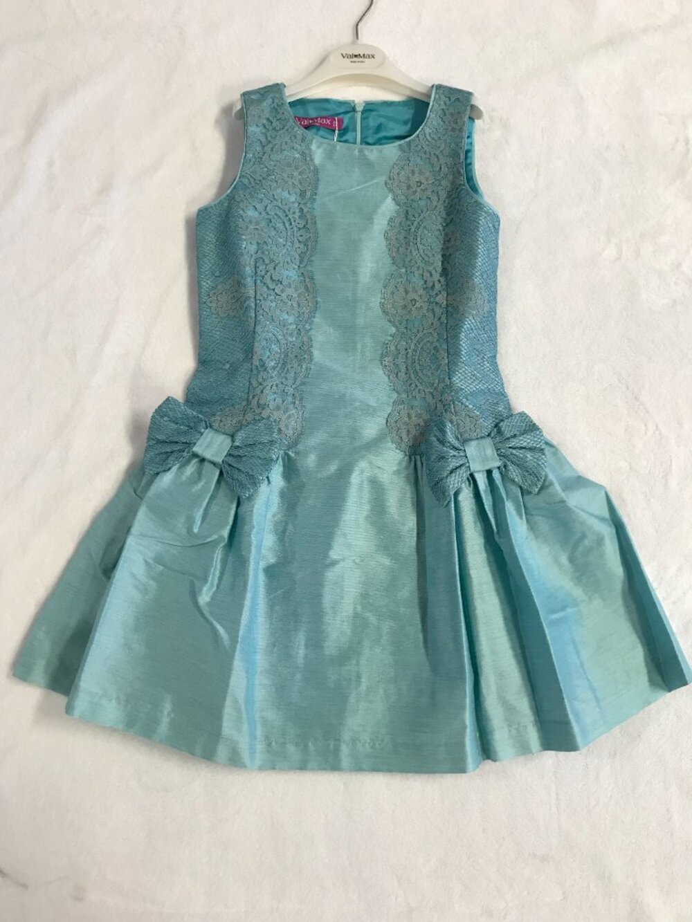 Val Max Made Italy Girls 10 Aqua Blue Lace Bow Dress NWT